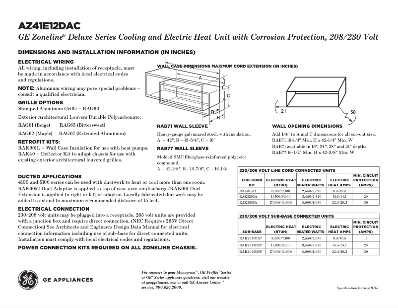 Página 1 del manual Ficha técnica GE AZ41E12DAC Zoneline