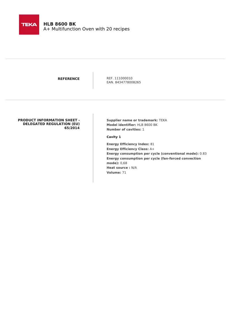 Page 1 de la notice Fiche technique Teka HLB 8600 BK