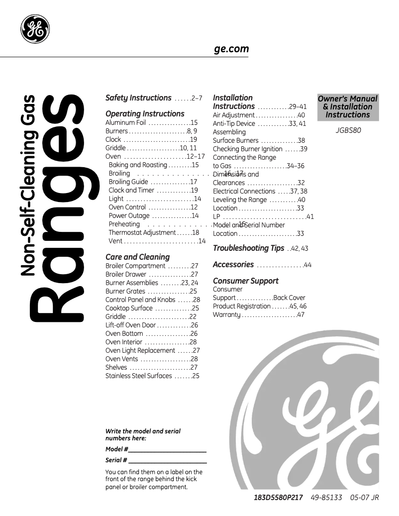 Page 1 de la notice Guide d'installation GE JGBS80WELWW