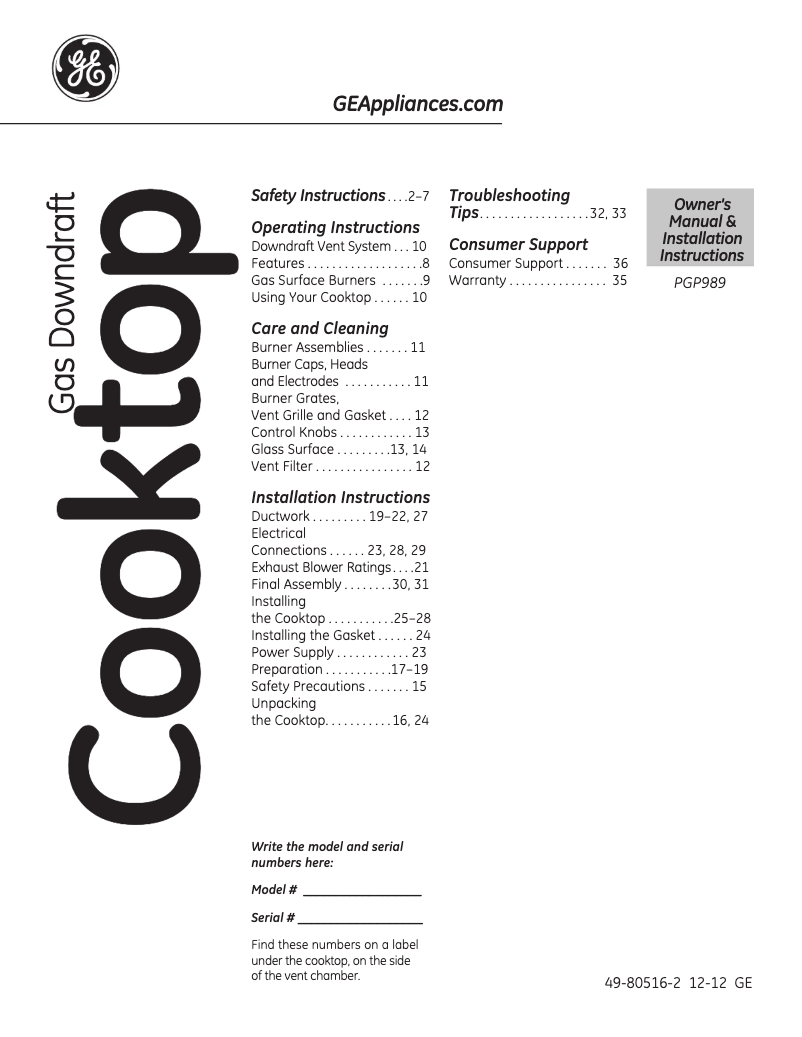 Página 1 del manual Manual de instrucciones GE Profile PGP989SNSS