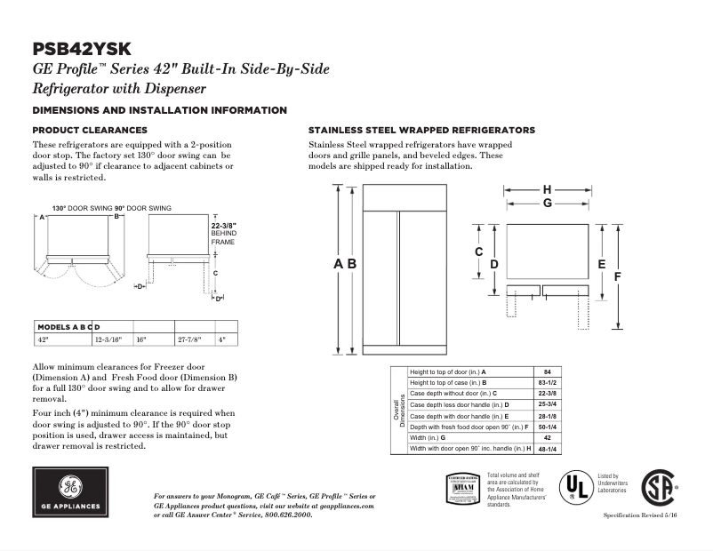 Page n°1 - Fiche technique GE Profile PSB42YSKSS