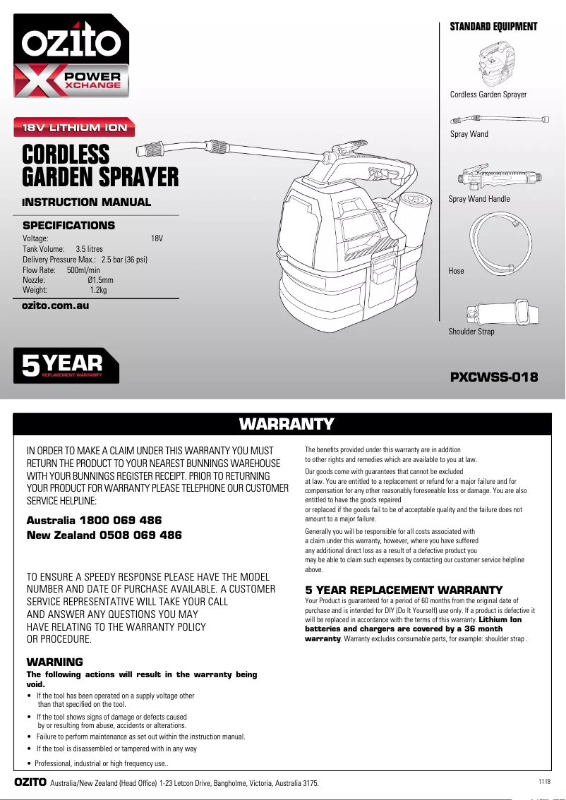 Page 1 de la notice Manuel utilisateur Ozito PXCWSS-018
