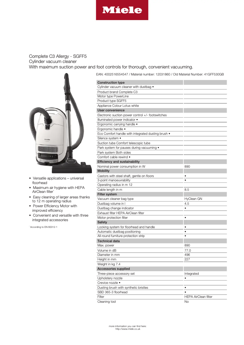 Page 1 de la notice Fiche technique Miele Complete C3 Allergy