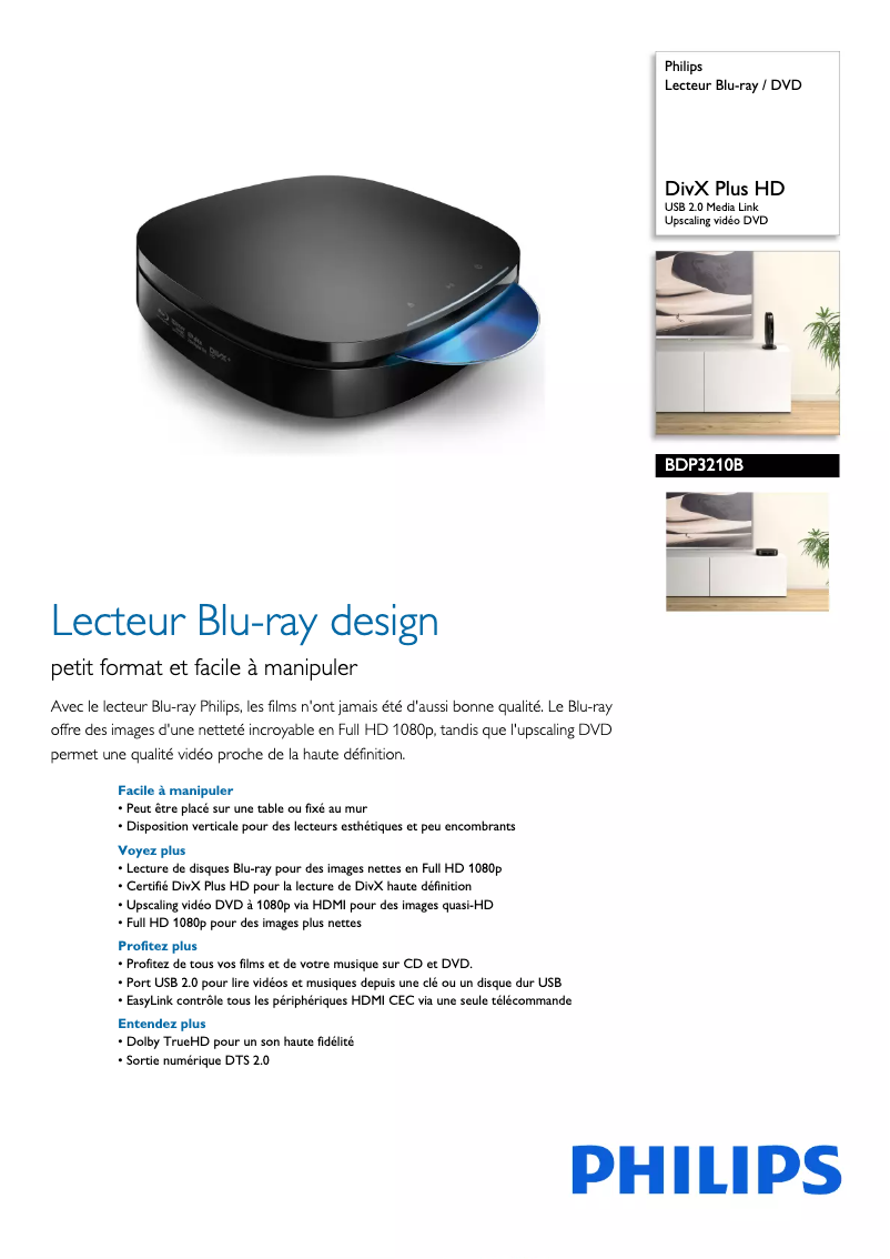 Page 1 de la notice Fiche technique Philips BDP3210B