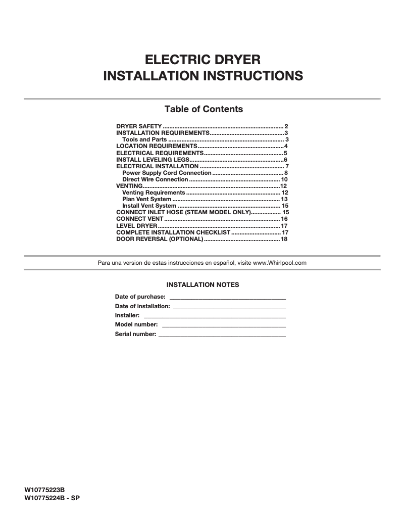 Page 1 de la notice Guide d'installation Whirlpool WED92HEF