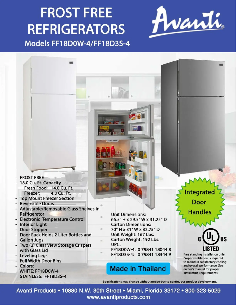 Page 1 de la notice Fiche technique Avanti FF18D0W-4