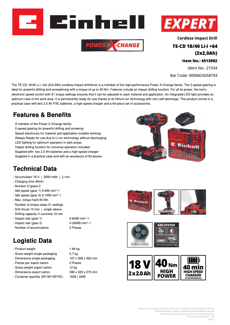 Página 1 del manual Ficha técnica Einhell TE-CD 18/40 Li-i
