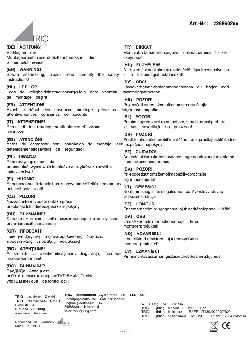 Page 1 de la notice Manuel utilisateur Trio Lighting Adaja 226860231
