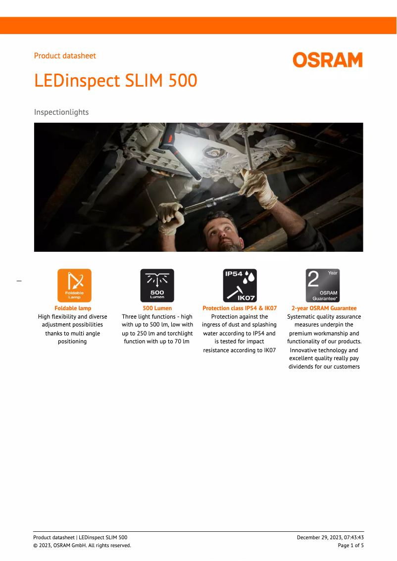 Page 1 de la notice Fiche technique Osram LEDinspect SLIM 500