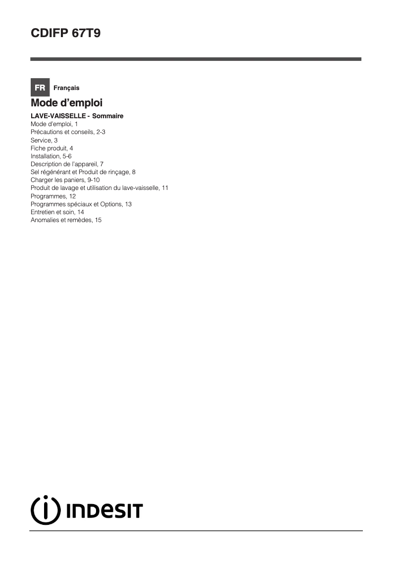 Page n°1 - Manuel utilisateur Indesit CDIFP 67T9 C FR