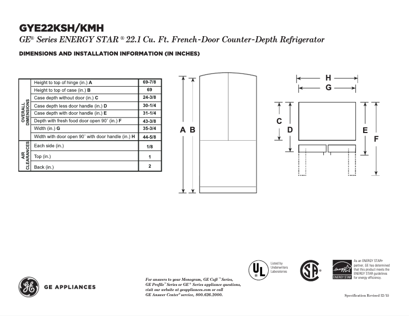Page 1 de la notice Fiche technique GE GYE22KMHES
