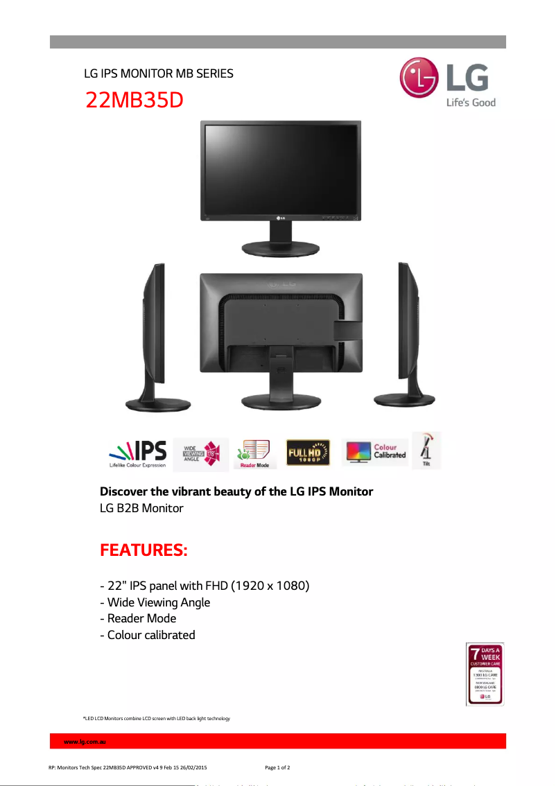Page 1 de la notice Fiche technique LG 22MB35D