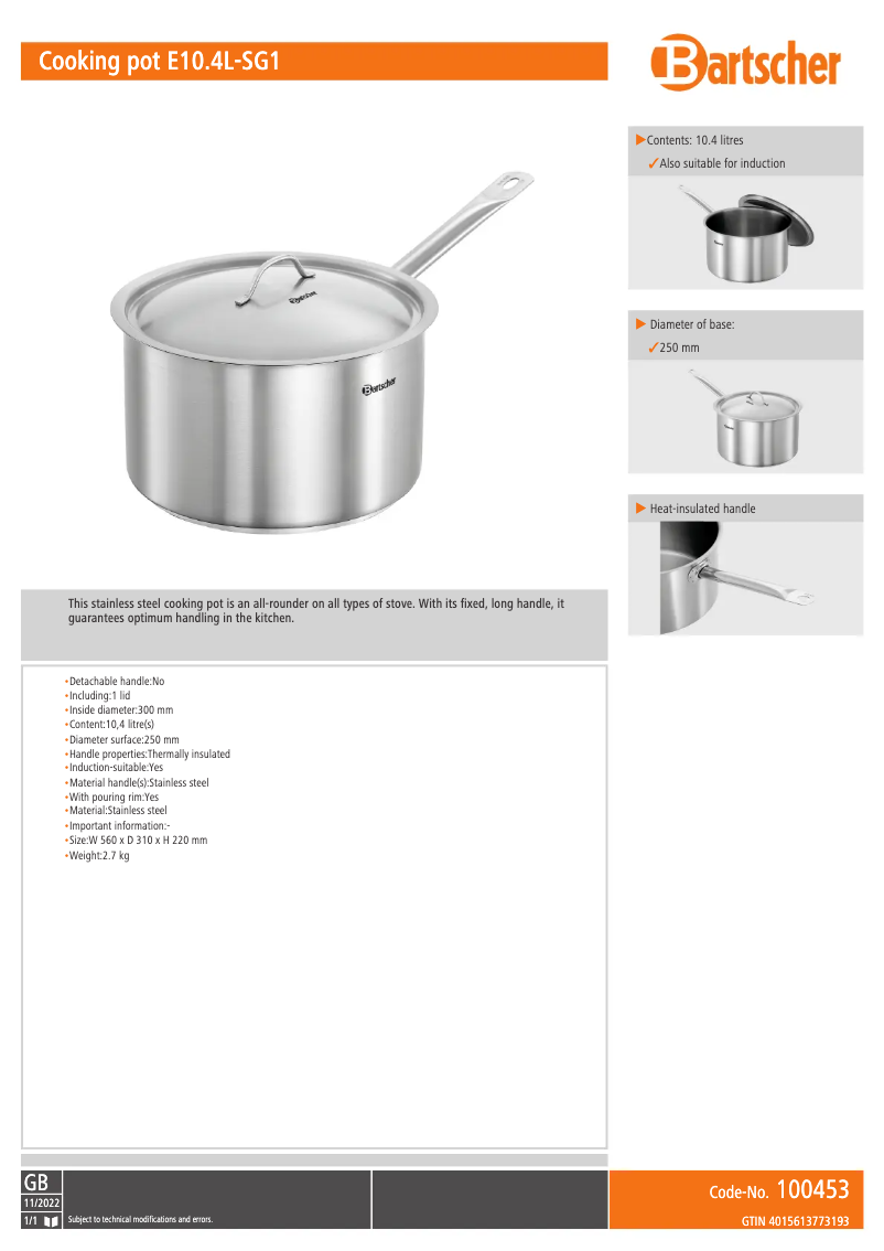 Page 1 de la notice Fiche technique Bartscher E10.4L-SG1