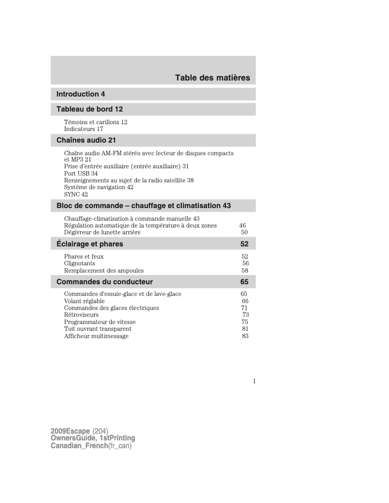 Page 1 de la notice Manuel utilisateur Ford Escape (2009)