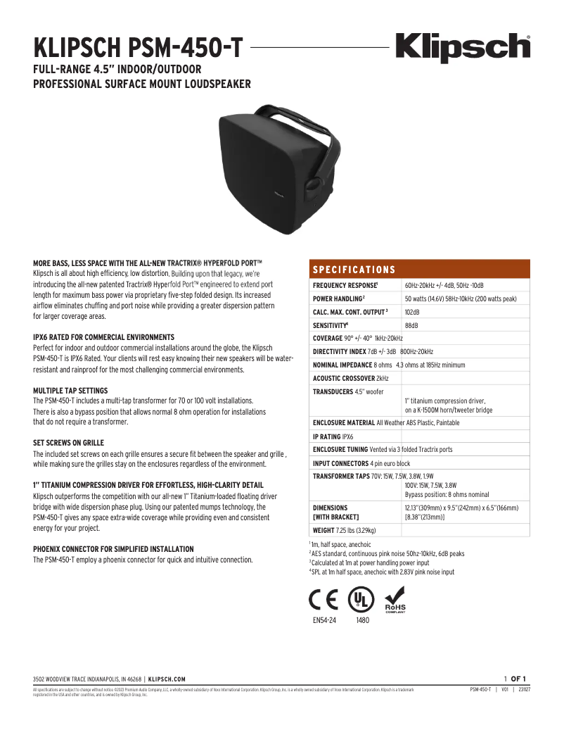 Page 1 de la notice Fiche technique Klipsch PSM-450-T