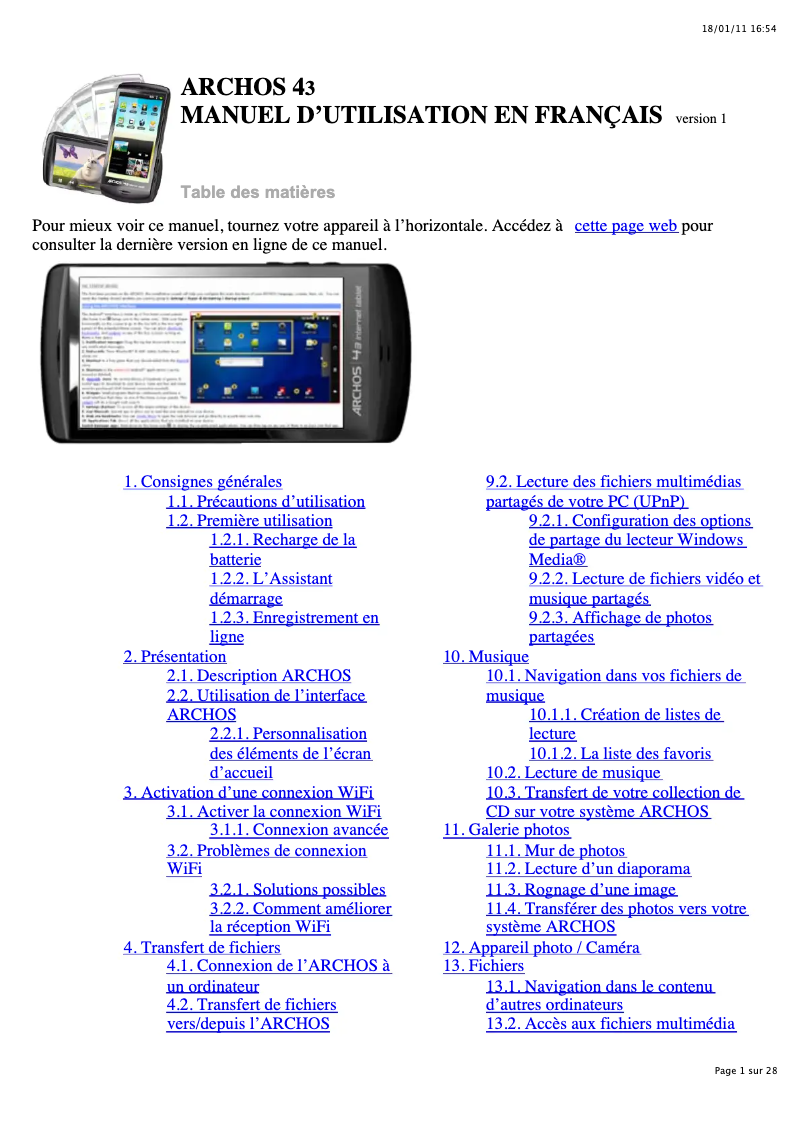 Page 1 de la notice Manuel utilisateur Archos 43