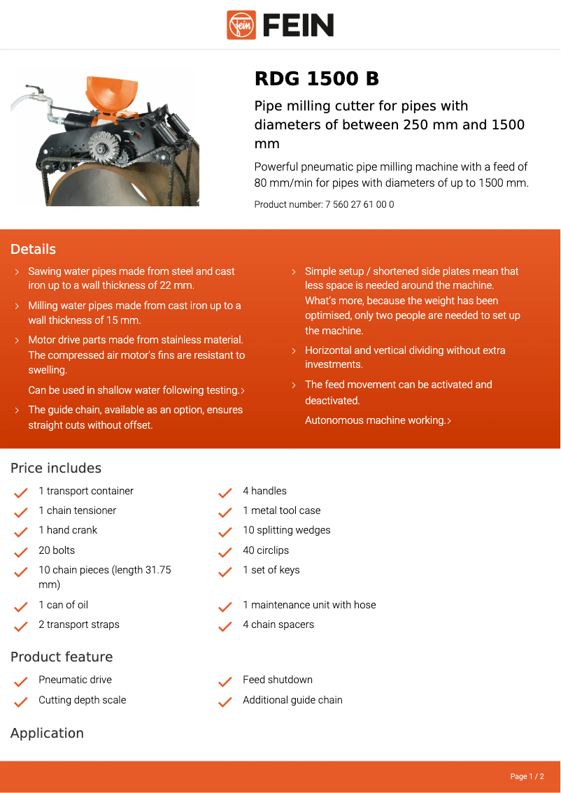 Page 1 de la notice Fiche technique Fein RDG 1500 B