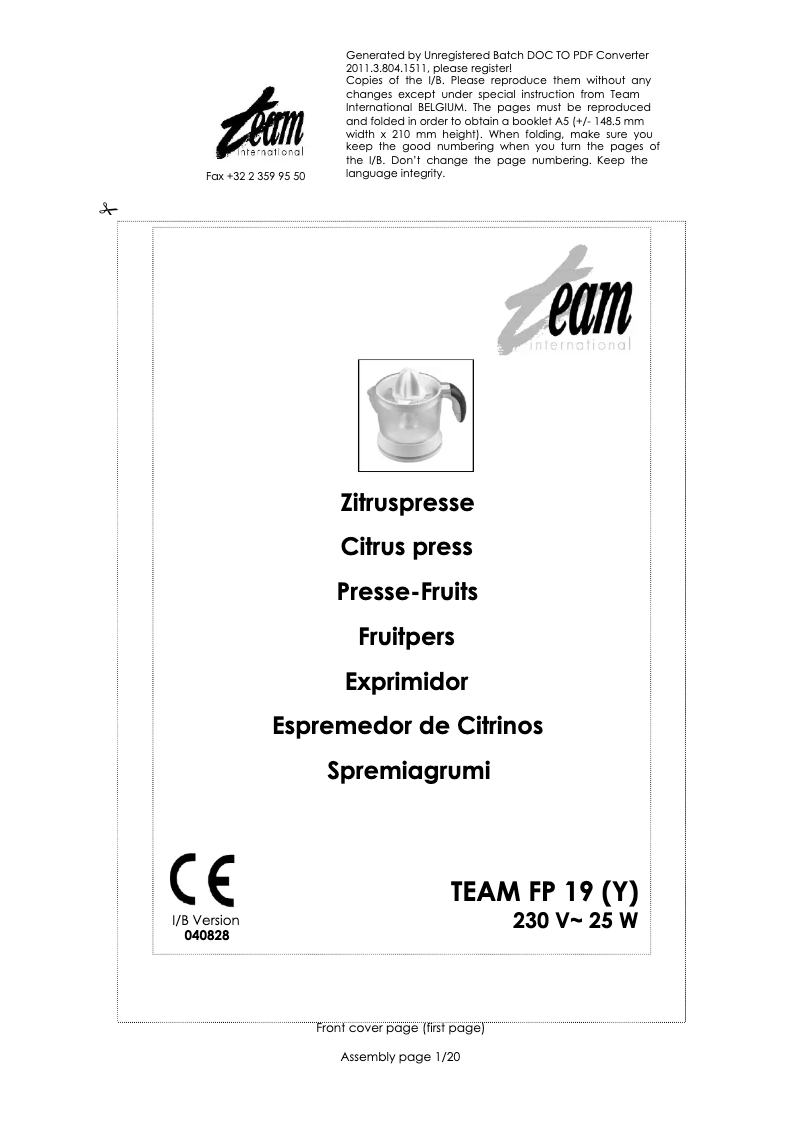 Page 1 de la notice Manuel utilisateur Team FP 19