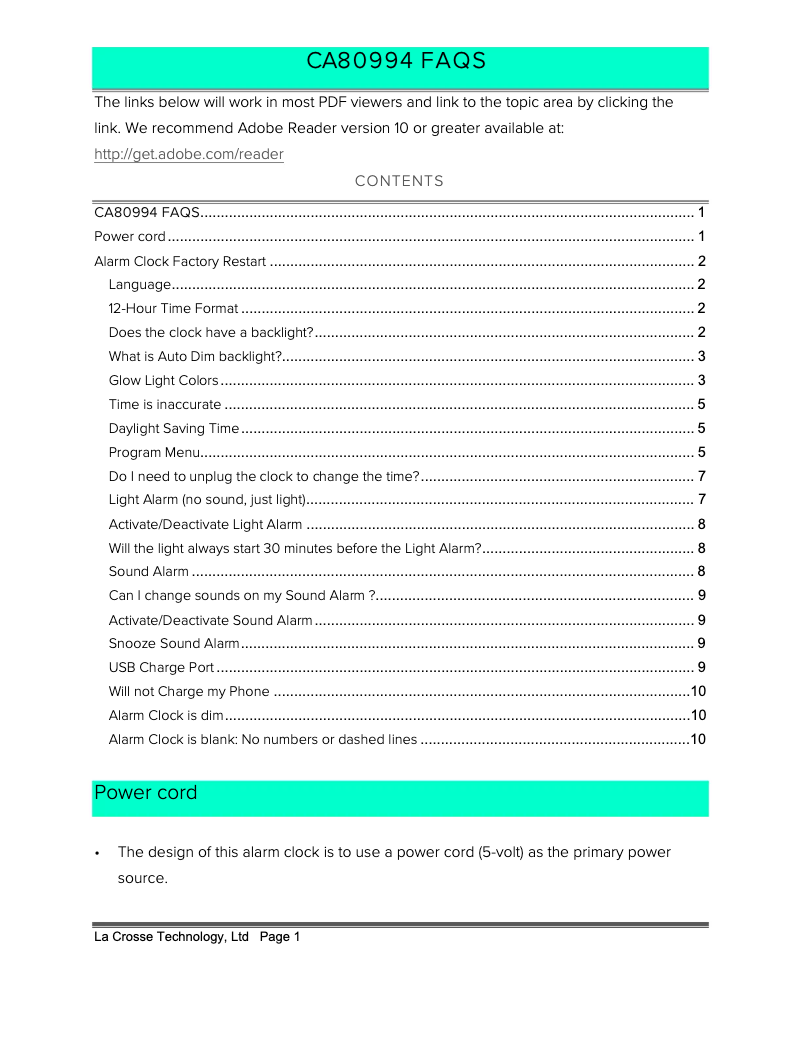 Page 1 of the manual User Manual La Crosse Technology CA80994