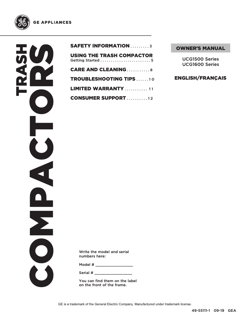 Page 1 de la notice Manuel d'utilisation et d'entretien GE UCG1650LII