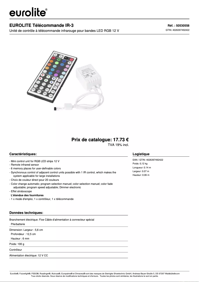 Page 1 de la notice Fiche technique Eurolite IR-3