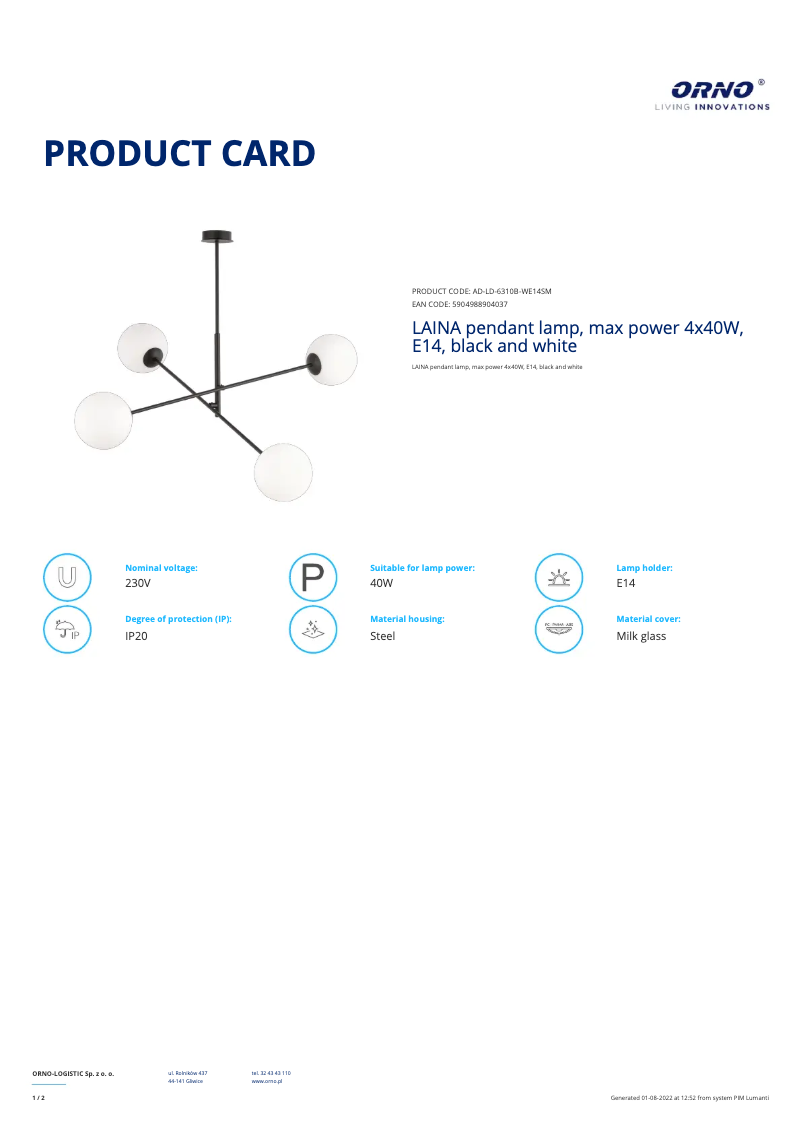 Page 1 de la notice Fiche technique Adviti AD-LD-6310B-WE14SM