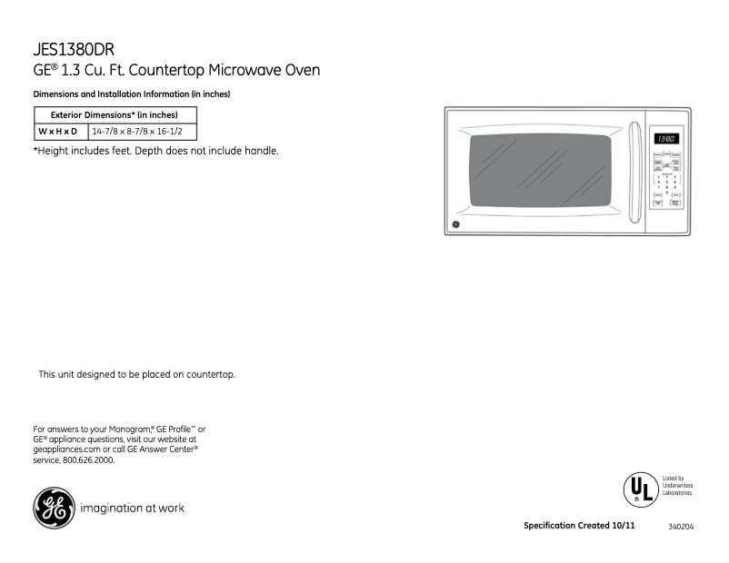Page 1 of the manual Technical Sheet GE JES1380DRBB