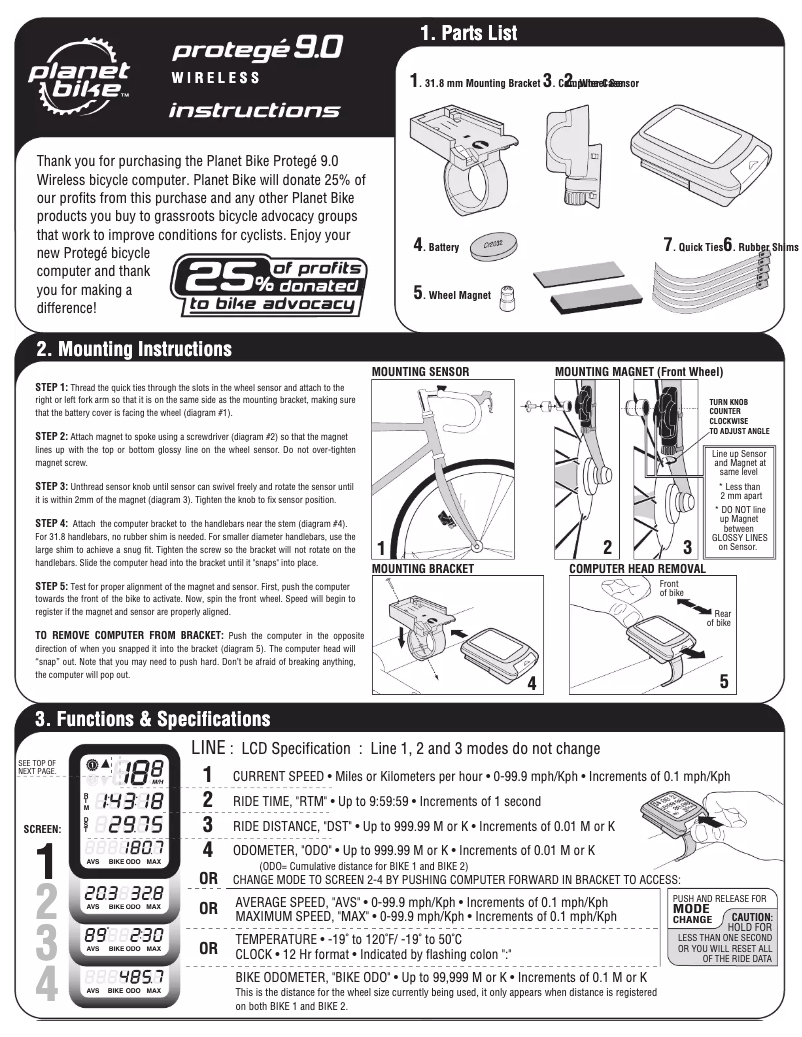 Page 1 of the manual User Manual Planet Bike Protege 9.0 Wireless