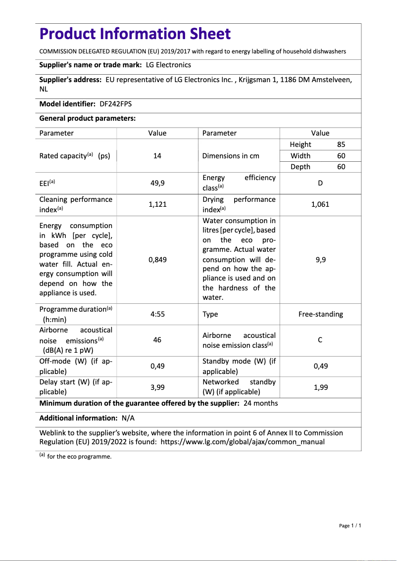 Page 1 de la notice Manuel utilisateur LG DF242FP