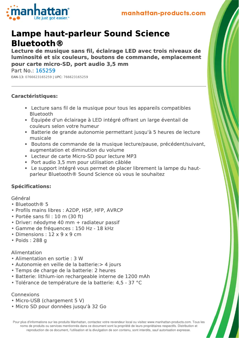 Page 1 de la notice Fiche technique Manhattan 165259