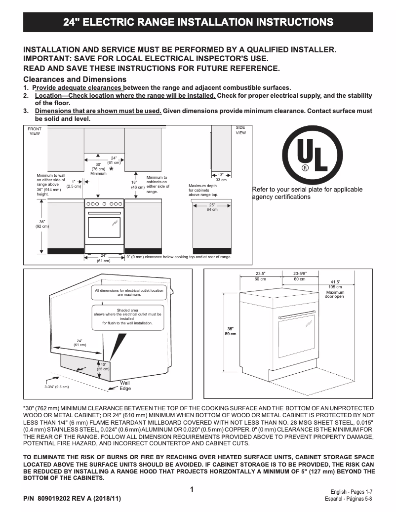 Page 1 de la notice Guide d'installation Frigidaire FCFE2425AW