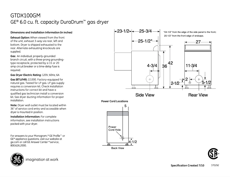 Página 1 del manual Ficha técnica GE GTDX100GMWW