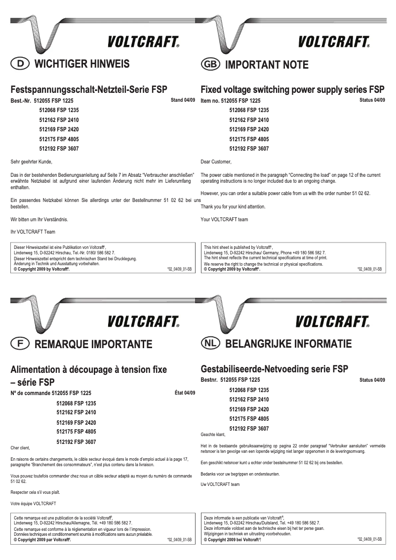 Page 1 de la notice Manuel utilisateur Voltcraft FSP 1235
