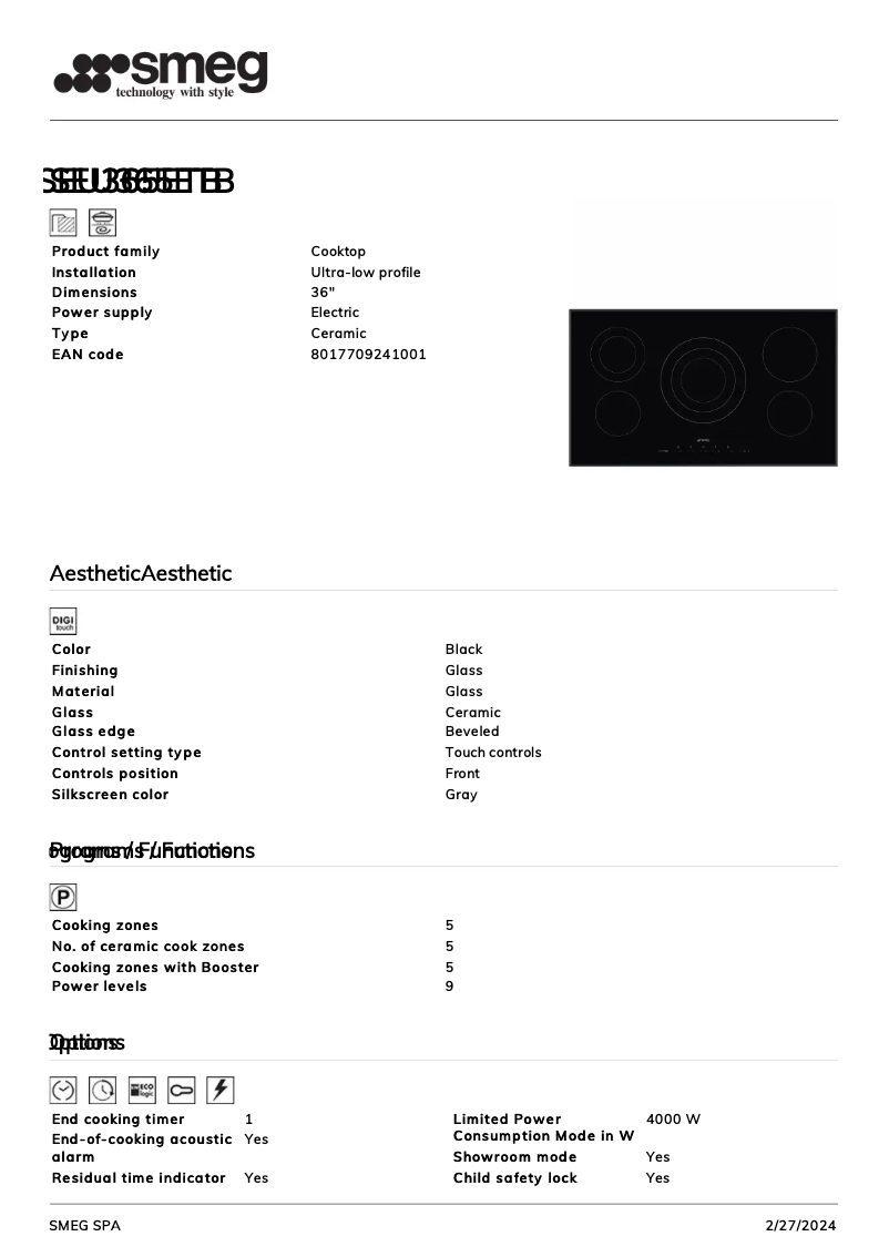 Page 1 de la notice Fiche technique Smeg SEU365ETB