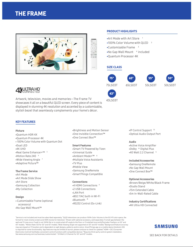 Página 1 del manual Ficha técnica Samsung QN65LS03TAFXZA