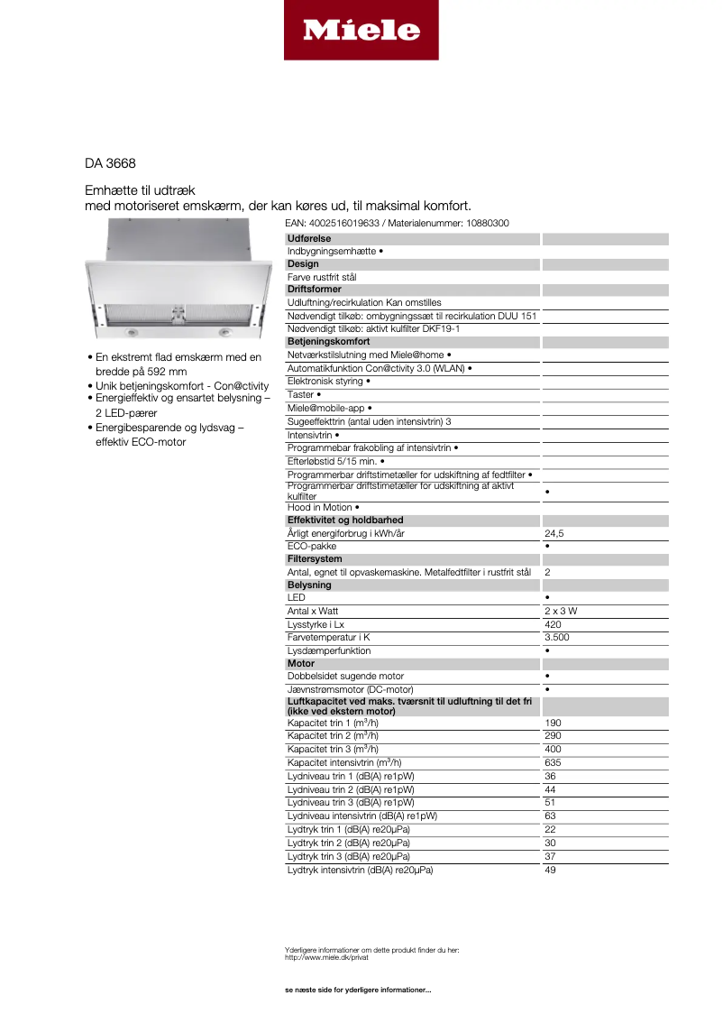 Page 1 de la notice Fiche technique Miele DA 3668