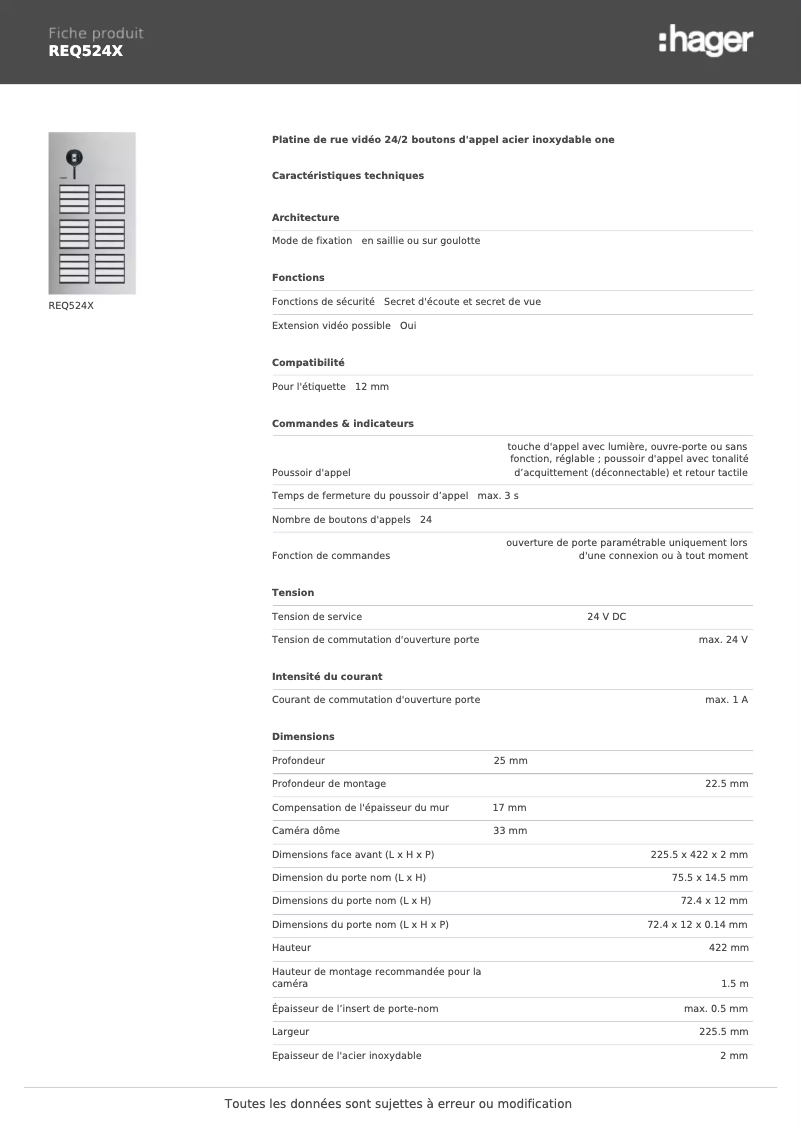 Page 1 de la notice Fiche technique Hager REQ524X