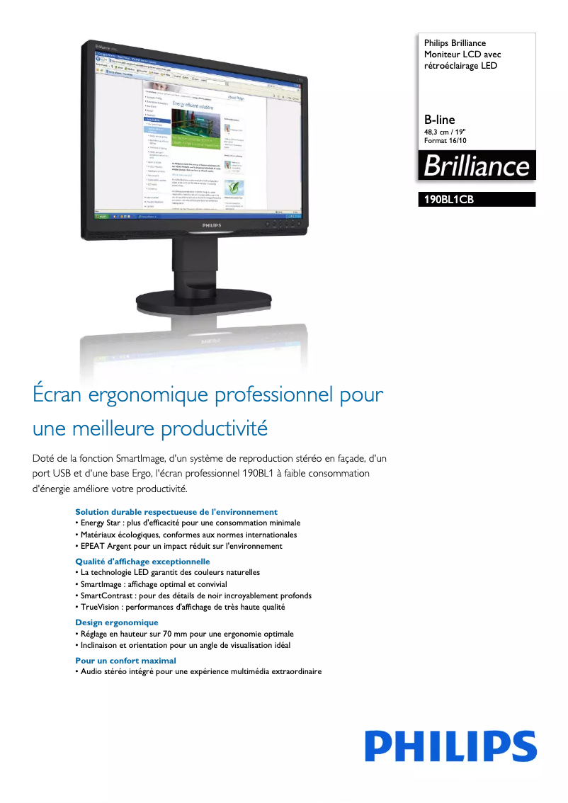 Page 1 of the manual Technical Sheet Philips Brilliance 190BL1CB