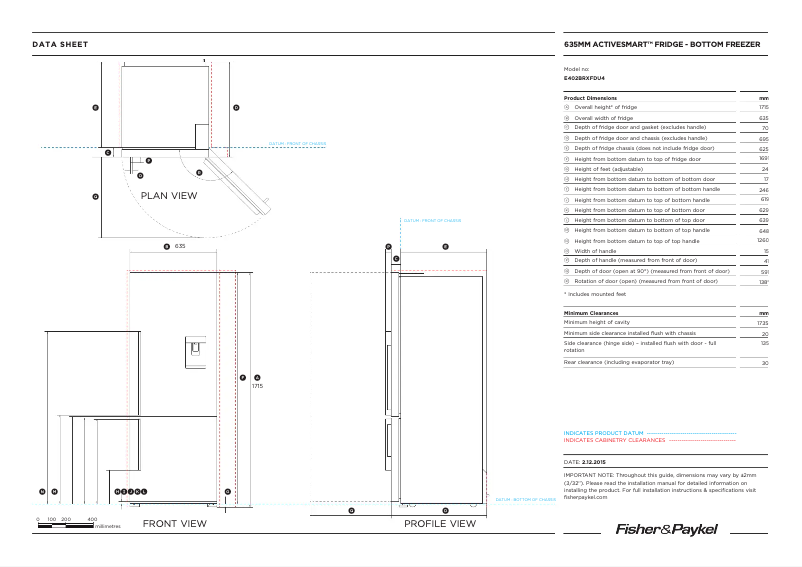 Page 1 de la notice Fiche technique Fisher & Paykel E402BRXFDU4