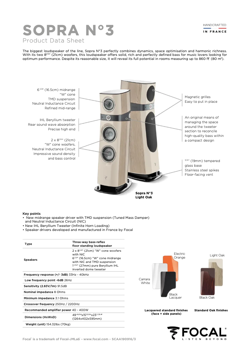 Page 1 de la notice Fiche technique Focal Sopra 3