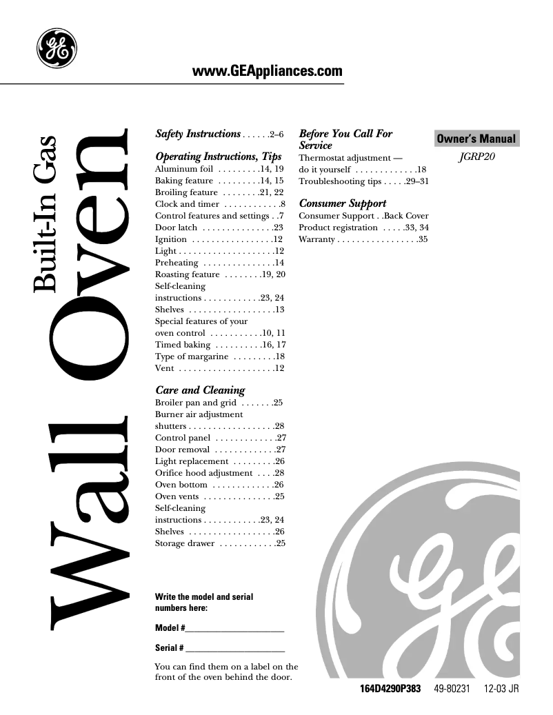 Page 1 of the manual User Manual GE JGRP20SENSS