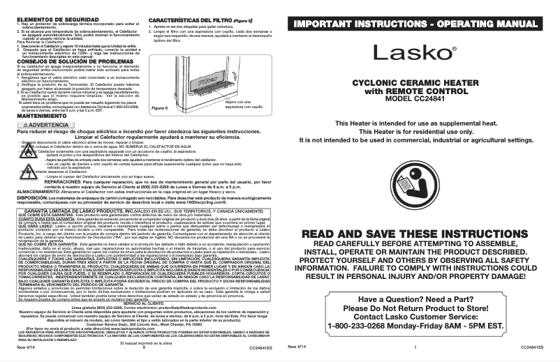 Page 1 of the manual User Manual Lasko Cyclonic Digital Ceramic CC24841