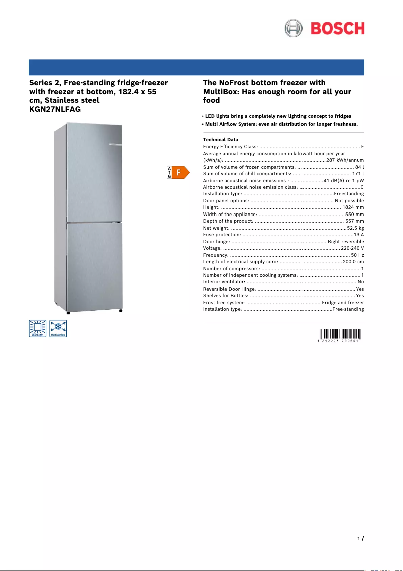 Page 1 of the manual Technical Sheet Bosch KGN27NLFAG