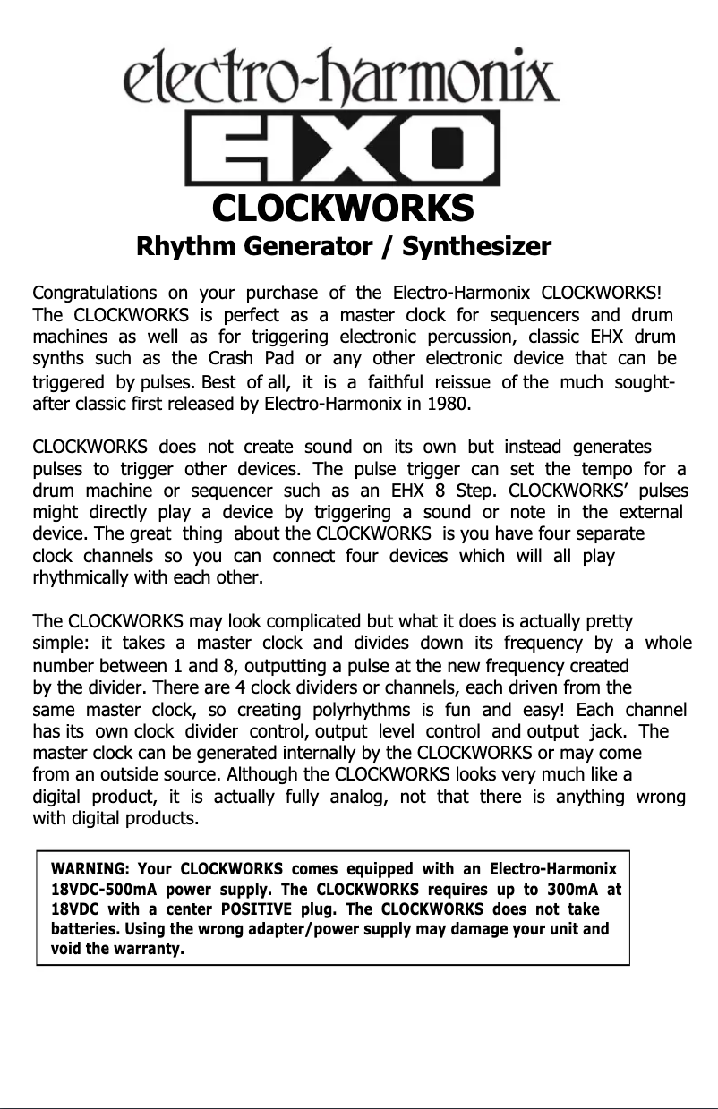 Page 1 of the manual User Manual Electro Harmonix Clockworks