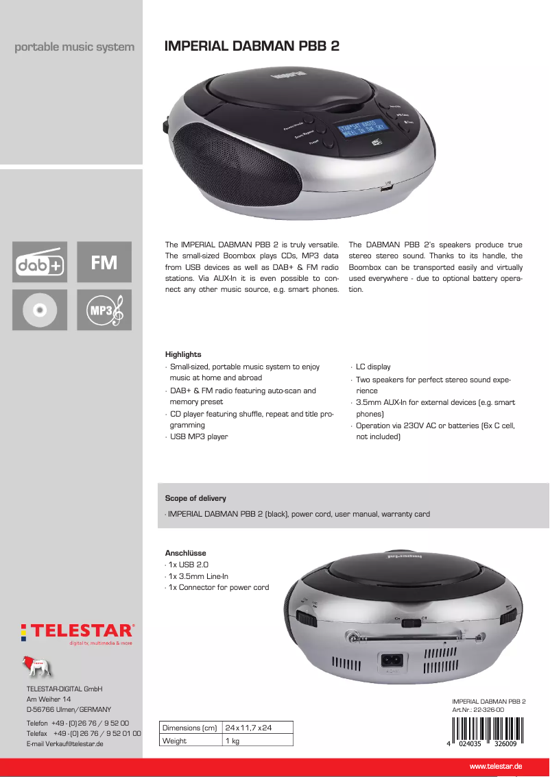 Page 1 de la notice Fiche technique Imperial DABMAN PBB 2