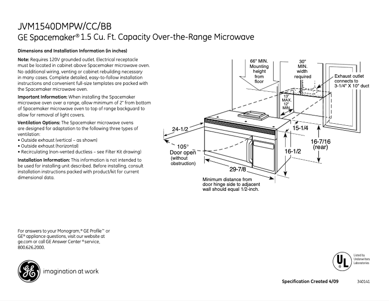 Página 1 del manual Ficha técnica GE Spacemaker JVM1540DPCC