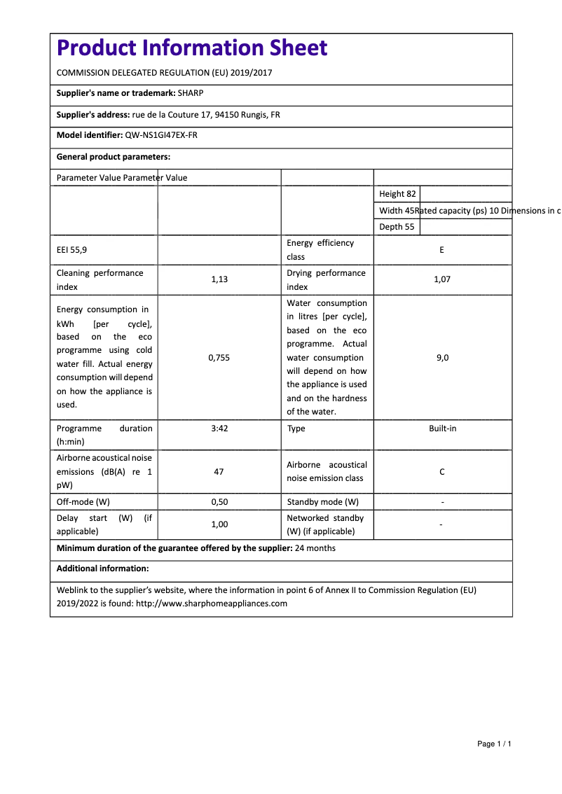 Page 1 de la notice Manuel utilisateur Sharp QW-NS1GI47EX-FR