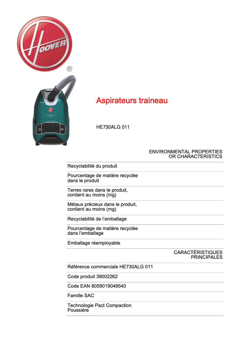 Page 1 de la notice Fiche technique Hoover H-ENERGY 700 HE730ALG 011