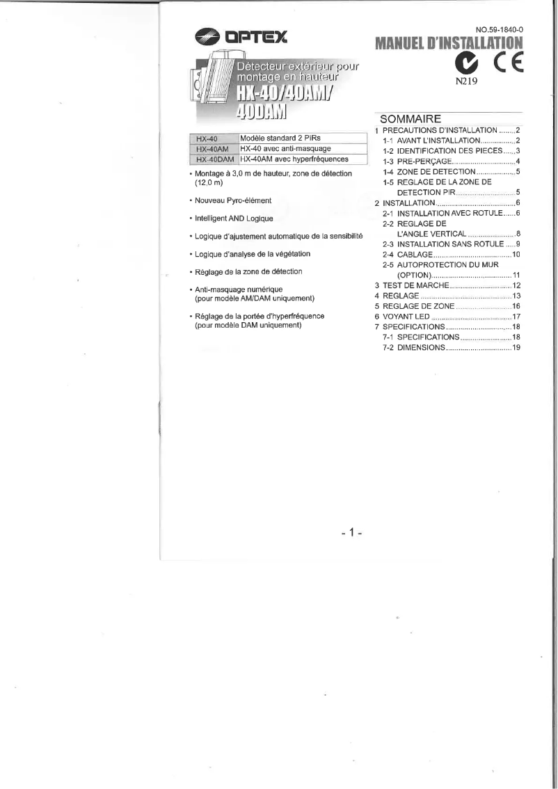 Page 1 de la notice Manuel utilisateur Optex HX-40DAM