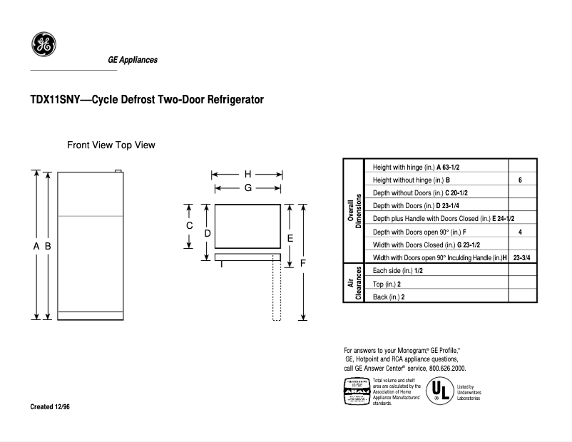 Page 1 de la notice Fiche technique GE TDX11SNYWH